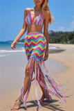 Sexy Patchwork Tassel Bandage Backless Contrast Swimwears Cover Up