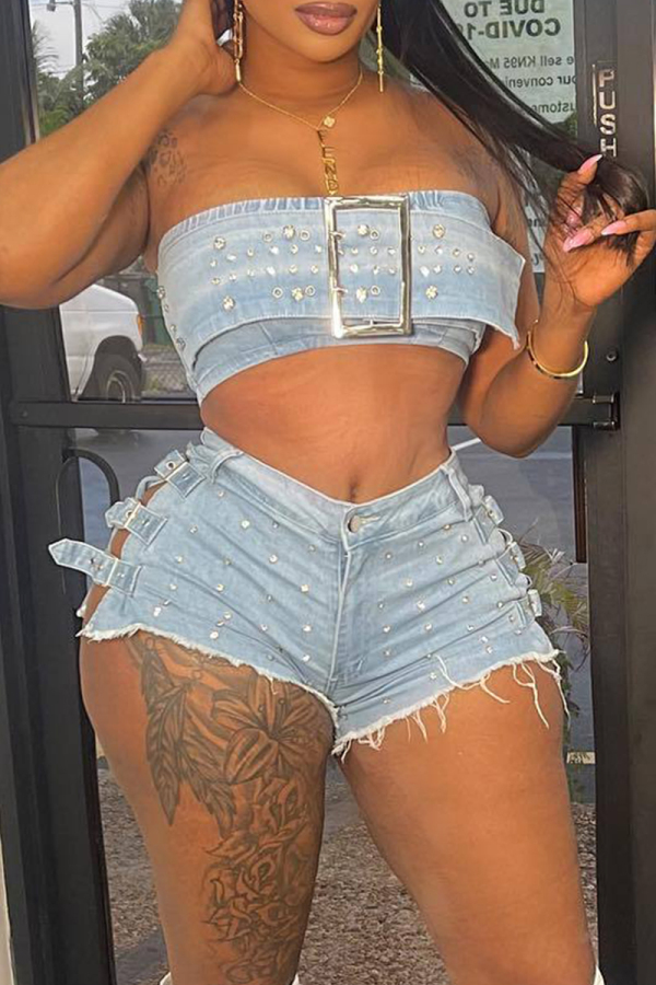 Denim Sexy Solid Sleeveless Tube Tops Mini Shorts Two Piece Sets