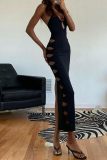 Sexy Solid Hollowed Out Frenulum Backless Slit Halter Long Dresses