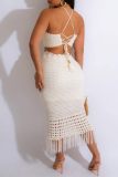 Sexy Casual Solid Tassel Backless Cross Straps Spaghetti Strap Plus Size Two Pieces