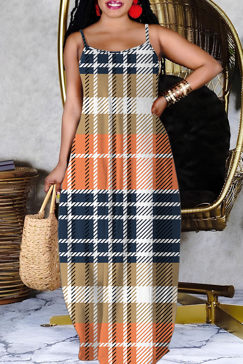 Casual Print Hollow Out Backless Slit Spaghetti Strap Long Dresses