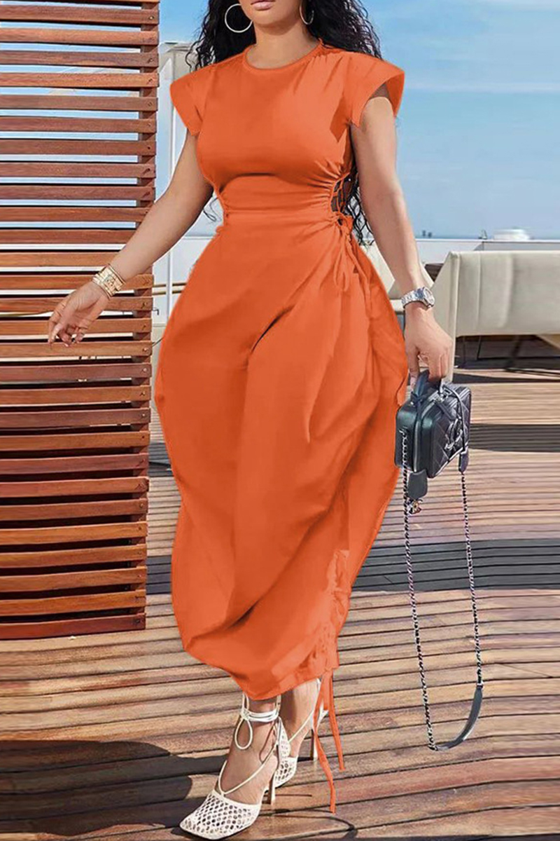 Casual Simplicity Solid Hollowed Out Draw String Pocket O Neck Loose Rompers