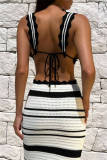 Sexy Striped Patchwork Backless Contrast Halter Sleeveless Two Pieces