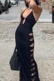 Sexy Solid Hollowed Out Frenulum Backless Slit Halter Long Dresses