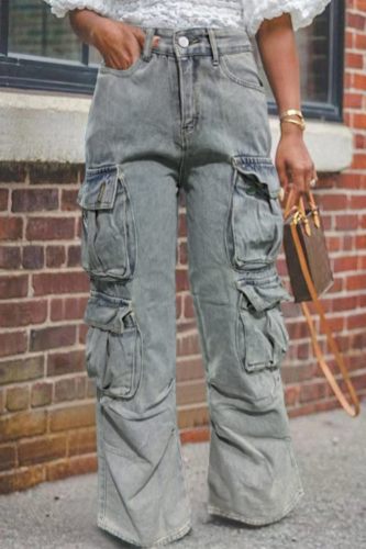 Casual Solid Patchwork Pocket High Waist Straight Denim Jeans