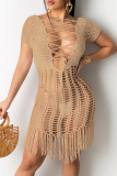 Sexy Solid Tassel Hollowed Out Frenulum V Neck Beach Dresses