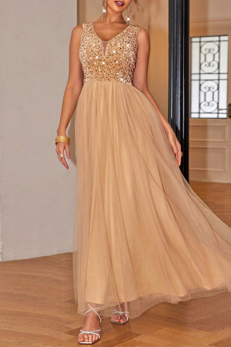 Elegant Formal Solid Sequins V Neck Evening Dresses