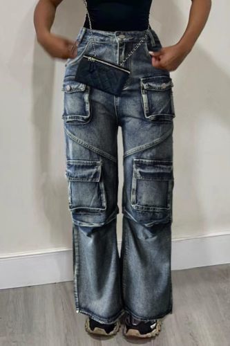 Casual Solid Patchwork Pocket High Waist Straight Denim Jeans