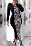 Casual Print Leopard Patchwork O Neck Long Sleeve Dresses