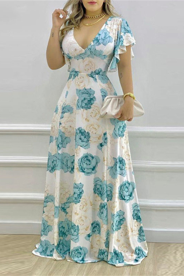 Floral Print Deep V Neck Petal Sleeve Slim Fit A Line Vacation Maxi Dress