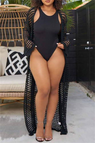 Sexy Solid Hollowed Out Cardigan With Belt Swimwears Cover Up