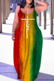 Rainbow Color U Neck Casual Spaghetti Strap Long Maxi Dresses Plus Size