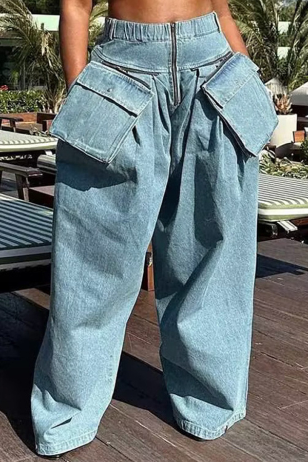 Casual Solid Patchwork Pocket High Waist Regular Denim Jeans