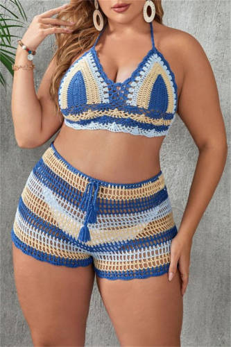 Sexy Patchwork Bandage Hollowed Out Backless Weave Halter Plus Size Swimwear