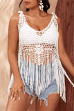 Sexy Casual Solid Tassel Hollowed Out Backless Asymmetrical V Neck Plus Size Tops