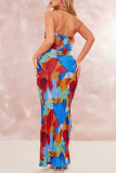 Blue Red Sexy Print Patchwork Fold Strapless Pencil Skirt Dresses