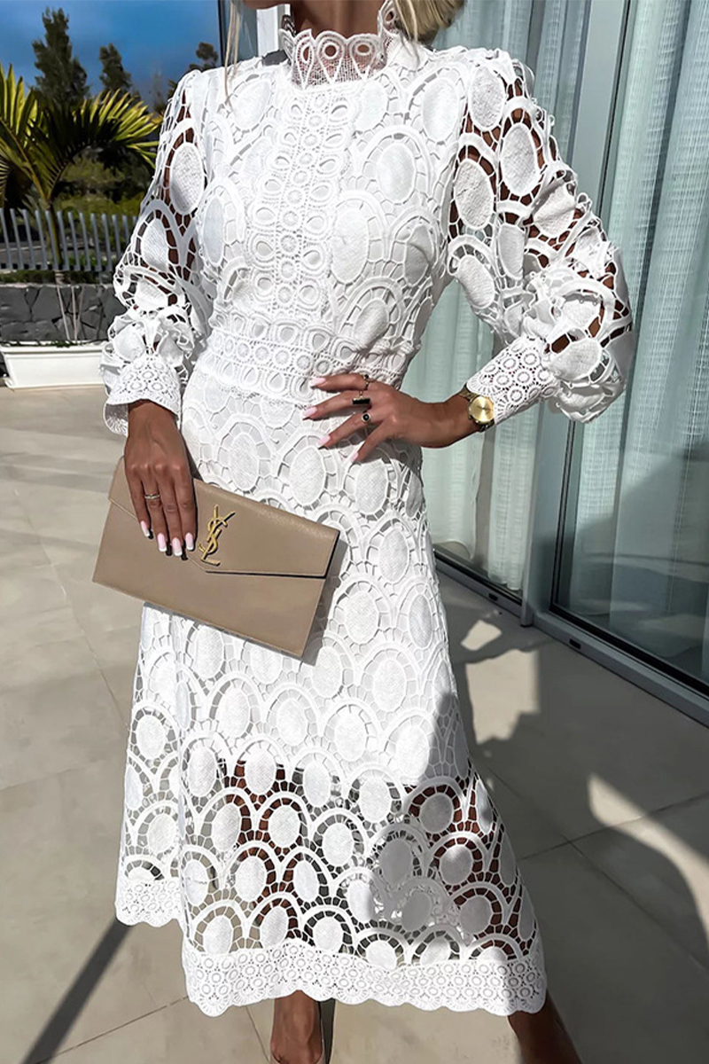 Celebrities Elegant Solid Lace Hollowed Out Turtleneck Princess Dresses