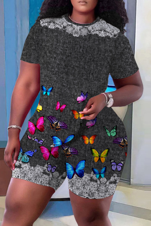 Casual Butterfly Print Basic O Neck Short Sleeve Two Pieces