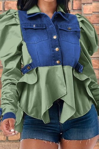 Casual Patchwork Asymmetrical Turndown Collar Tops