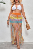 Casual Patchwork Tassel Hollowed Out See-through Contrast Weave Plus Size Swimwear