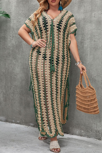 Sexy Patchwork Hollowed Out Slit Weave V Neck Beach Plus Size Dresses