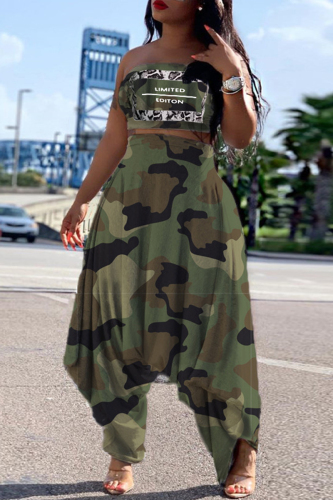 Casual Camouflage Print Backless Strapless Sleeveless Two Pieces
