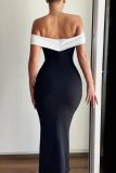 Sexy Patchwork Backless Contrast Off the Shoulder Long Dresses