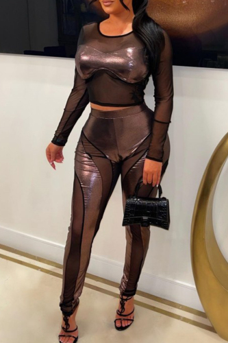 Sexy Patchwork See-through O Neck Long Sleeve Two Pieces
