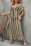 Sexy Patchwork Hollowed Out Slit Weave V Neck Beach Plus Size Dresses
