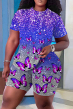 Casual Butterfly Print Basic O Neck Short Sleeve Two Pieces