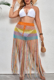 Casual Patchwork Tassel Hollowed Out See-through Contrast Weave Plus Size Swimwear