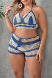 Sexy Patchwork Bandage Hollowed Out Backless Weave Halter Plus Size Swimwear