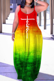 Rainbow Color U Neck Casual Spaghetti Strap Long Maxi Dresses Plus Size