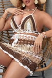 Sexy Patchwork Bandage Hollowed Out Backless Halter Plus Size Swimwear