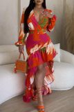 Floral Print Deep V Neck Long Sleeve Lace Up Slim Fit Ruffle Irregular Hem Vacation Maxi Dress