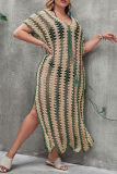 Sexy Patchwork Hollowed Out Slit Weave V Neck Beach Plus Size Dresses