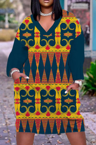 Casual Print Patchwork Basic V Neck Long Sleeve Dresses
