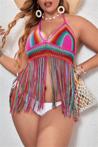 Sexy Patchwork Tassel Bandage Backless Weave Halter Plus Size Swimwear