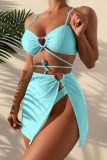 Sexy Solid Frenulum Backless Slit Swimsuit Three Piece Set (With Paddings)