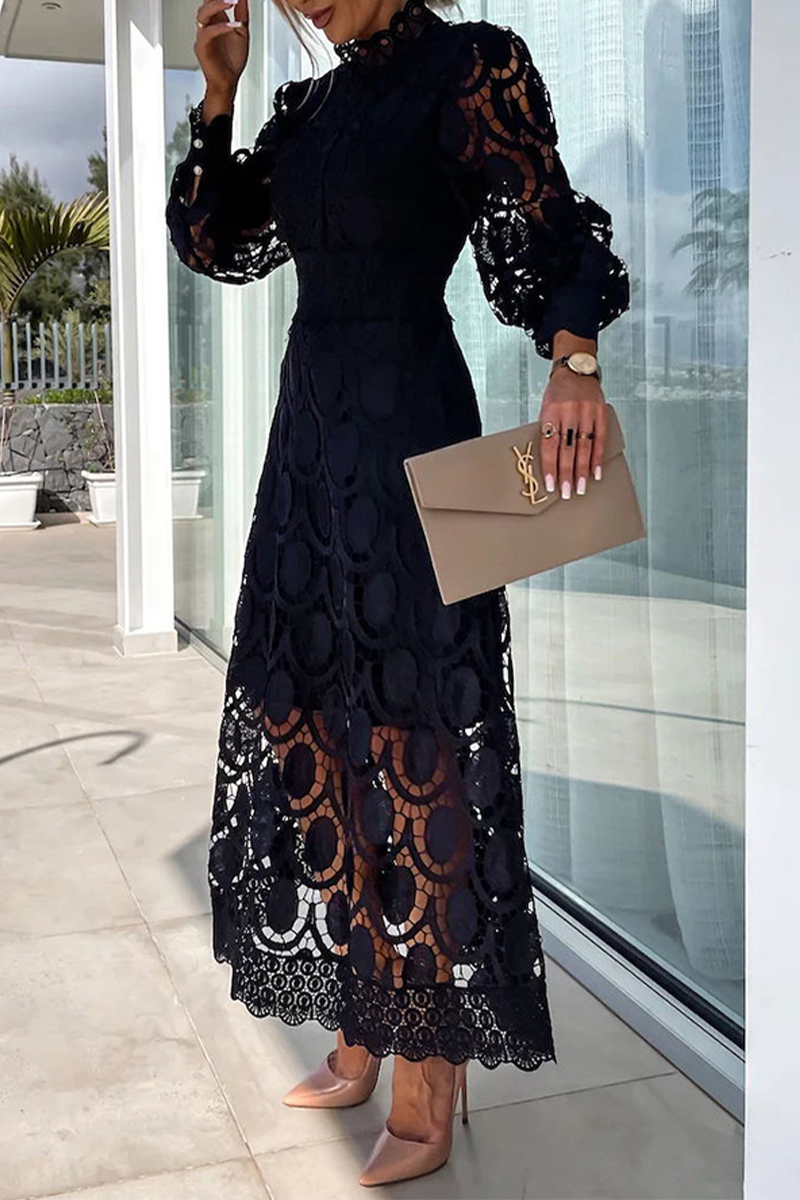Elegant Solid Hollowed Out Turtleneck Waist Skirt Dresses