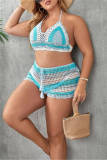 Sexy Patchwork Bandage Hollowed Out Backless Weave Halter Plus Size Swimwear