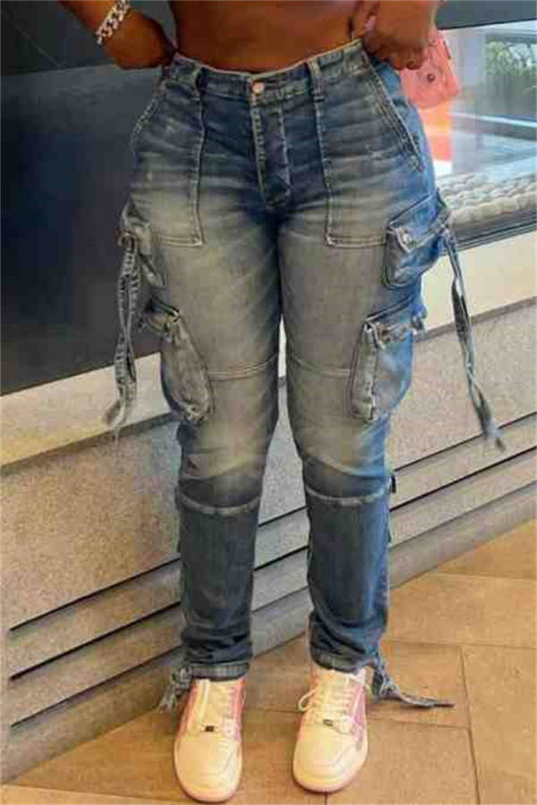Casual Solid Patchwork Pocket High Waist Skinny Denim Jeans (Subject To The Actual Object )