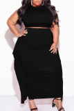 Solid Color Sleeveless Slim Fit Pleated Long Skirt with Crop Top Party Vacation Wear Plus Size Two Pieces Maxi Skirt Set