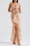 Sexy Solid Hollowed Out Flounce Mesh Strapless Irregular Dresses