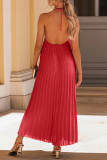 Sexy Vacation Solid Backless Pleated Halter Beach Dresses