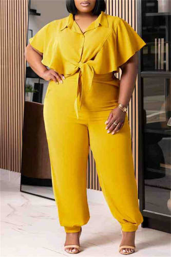 Casual Solid Frenulum Turndown Collar Short Sleeve Two Pieces