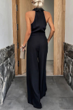 Casual British Style Solid Pocket Zipper Halter Jumpsuits