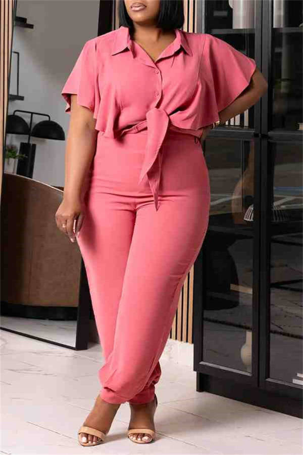 Casual Solid Frenulum Buttons Turndown Collar Long Sleeve Two Pieces