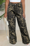 Casual Leopard Patchwork Pocket High Waist Straight Denim Jeans