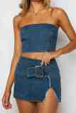 Denim Sexy Casual Solid Tube Crop Tops Slit Mini Skirts Two Piece Sets
